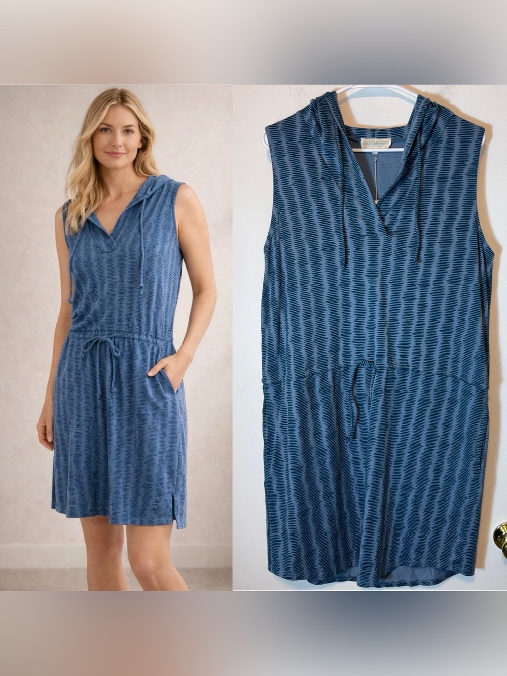 Synergy Organic Clothing Teal Blue Sz L Sleeveless Hooded Dress Pockets Ecoluxe